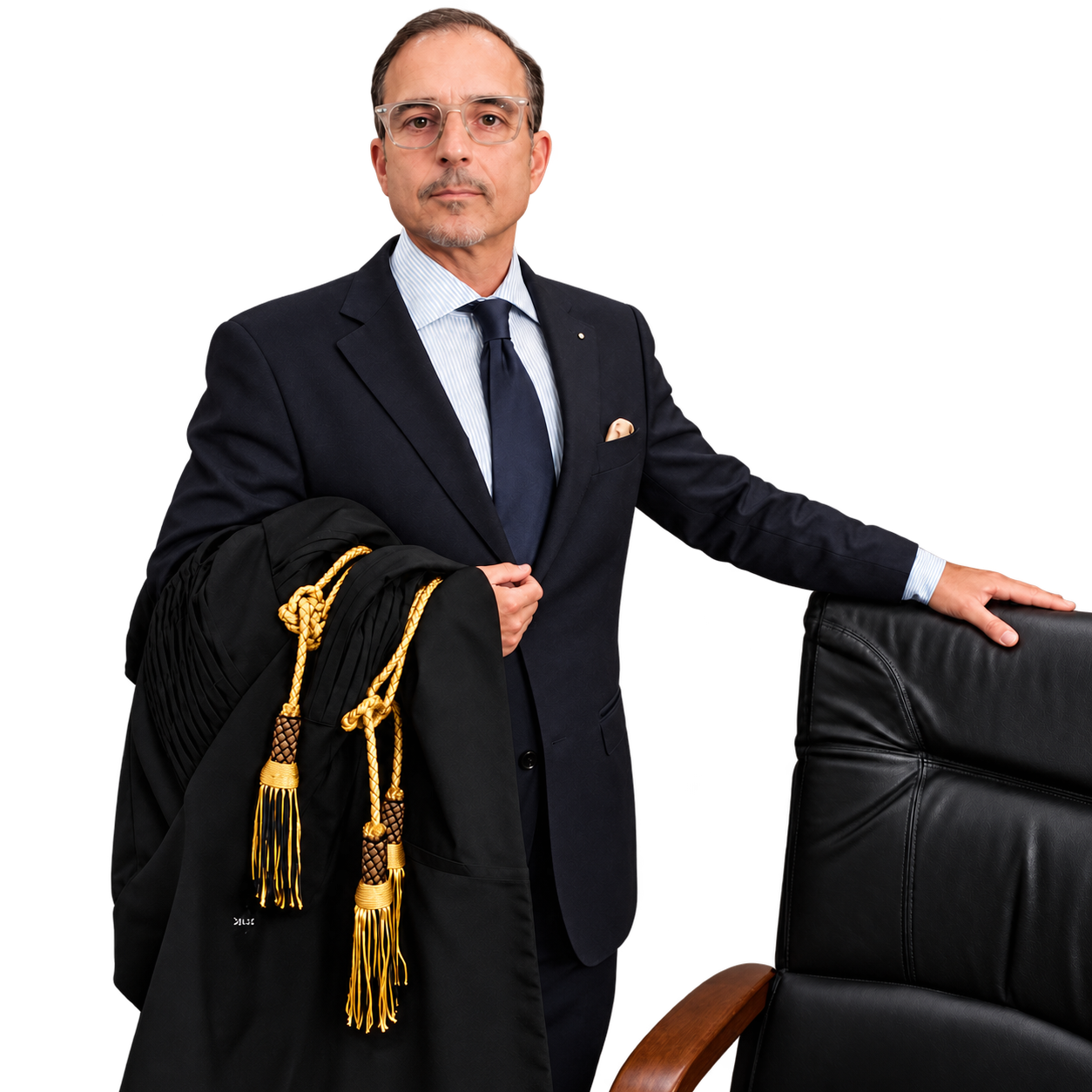 Avvocato Lorenzo Mascherpa con la toga, accanto alla poltrona
