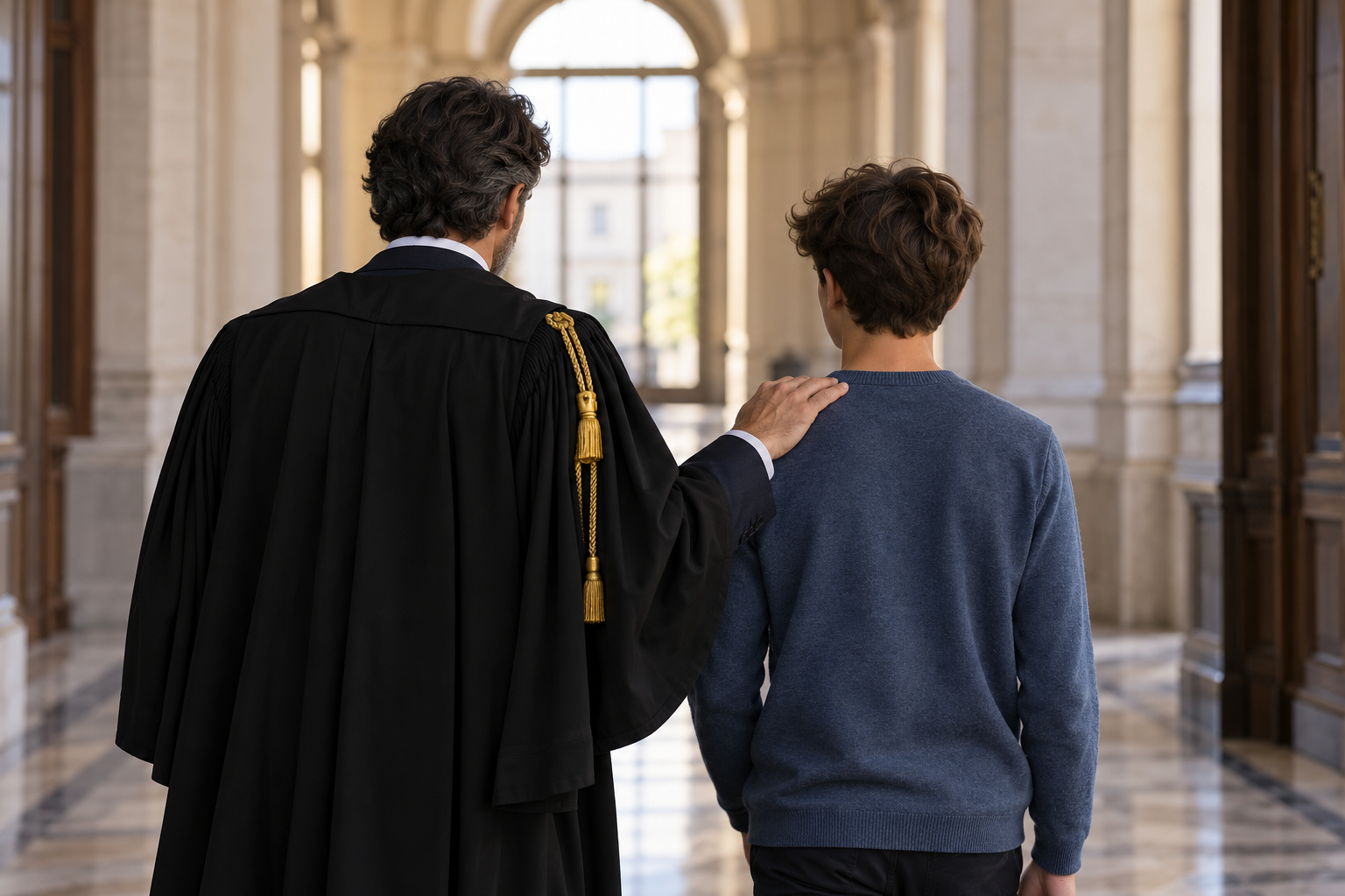 Avvocato in toga accanto a un adolescente, entrambi di spalle, con una mano sulla spalla
